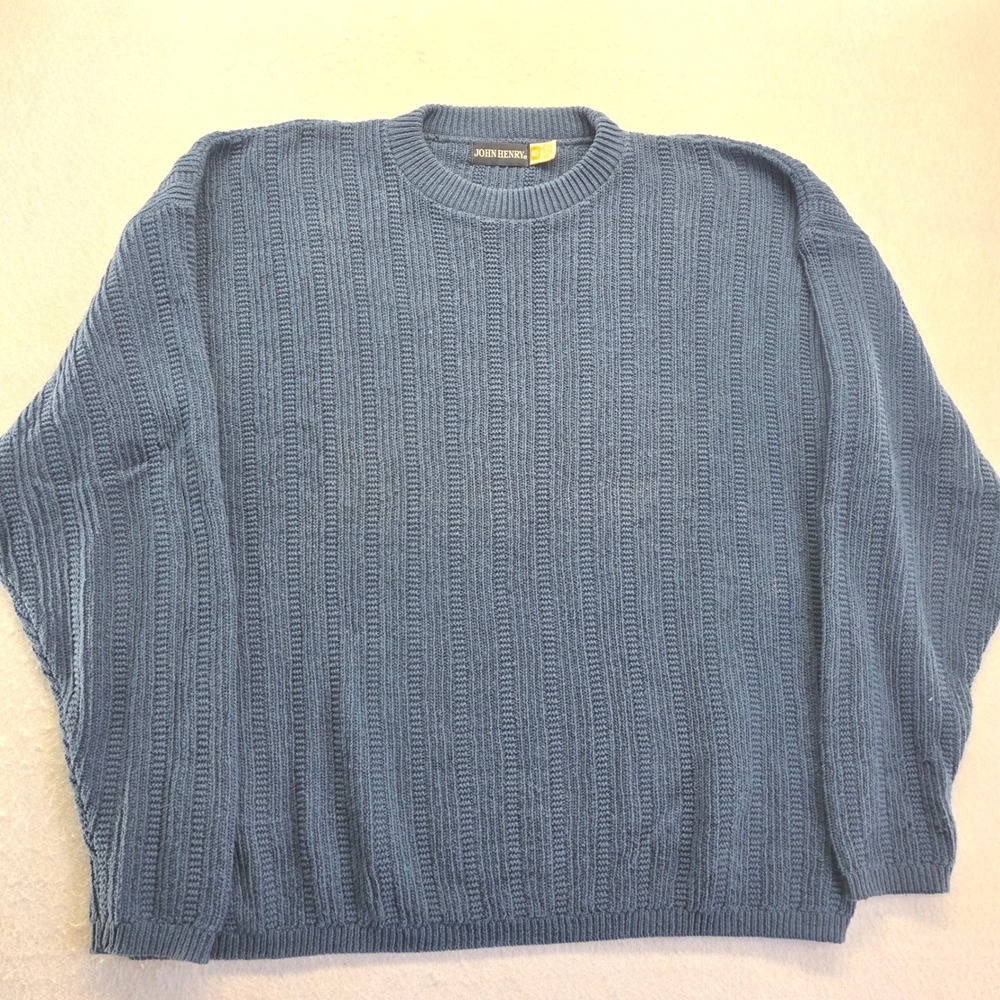 John Henry Vintage Blue Ribbed Knit 100% Cotton Crewneck Sweater Large Fisherman